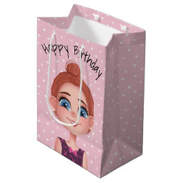 Sacola Para Presentes Média Garota de Aniversário de Desenho Animado em Bolinh