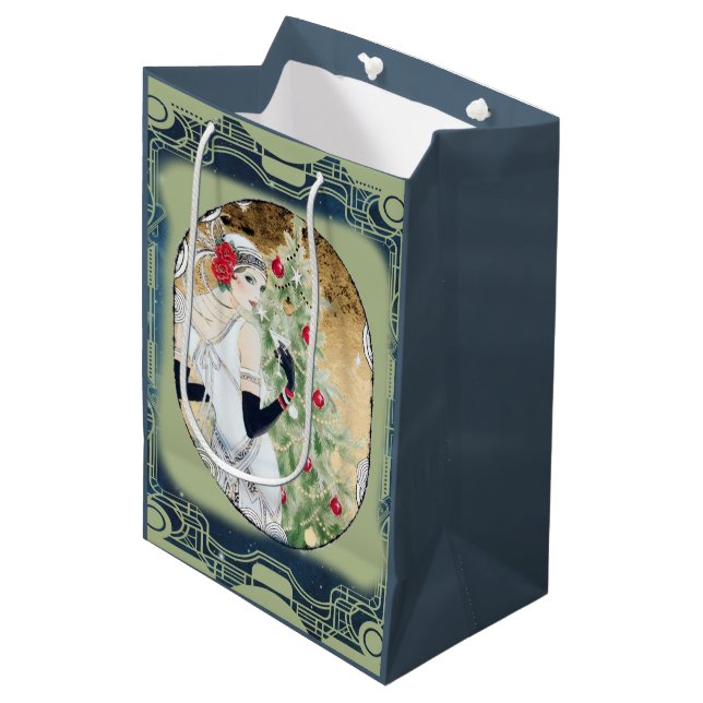Sacola Para Presentes Média Garota Flapper de Natal com Bebida e Árvore (Frente inclinada)