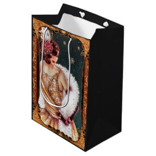 Sacola Para Presentes Média Garota Flapper de Natal dos anos 20 em vestido bri