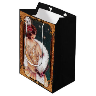 Sacola Para Presentes Média Garota Flapper de Natal em um Vestido Dourado Bril