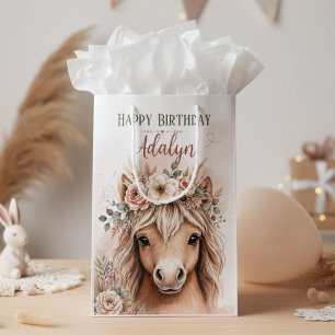 Sacola Para Presentes Média Garota Fofa Boho Aniversário de Cavalo