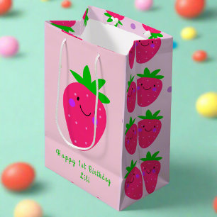 Sacola Para Presentes Média Garota-primeiro aniversario-rosa-branca-morango-br