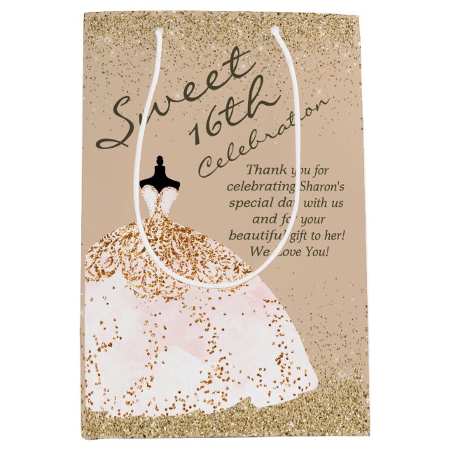 Sacola Para Presentes Média Garota Rosa Dourada Grande Brilho Brilhante Doce 1 (Frente)