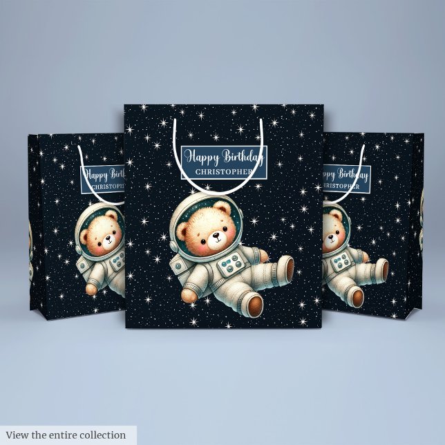 Sacola Para Presentes Média Garoto Aniversário com Saco de Presente com Urso d (Boy Birthday Gift Bag with Astronaut Teddy Bear)
