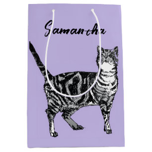 Sacola Para Presentes Média Gata Tabby Preto e Branco Nome Roxo 