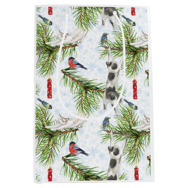 Sacola Para Presentes Média Gatinho de Natal com Pássaros (Frente)