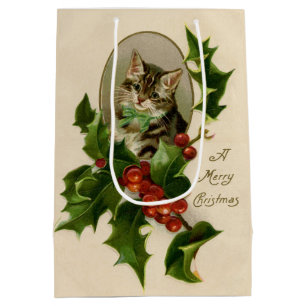 Sacola Para Presentes Média Gatinho de Natal Vitoriano em Tabby Antigo com Aze