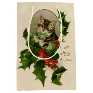 Sacola Para Presentes Média Gatinho de Natal Vitoriano em Tabby Antigo com Aze