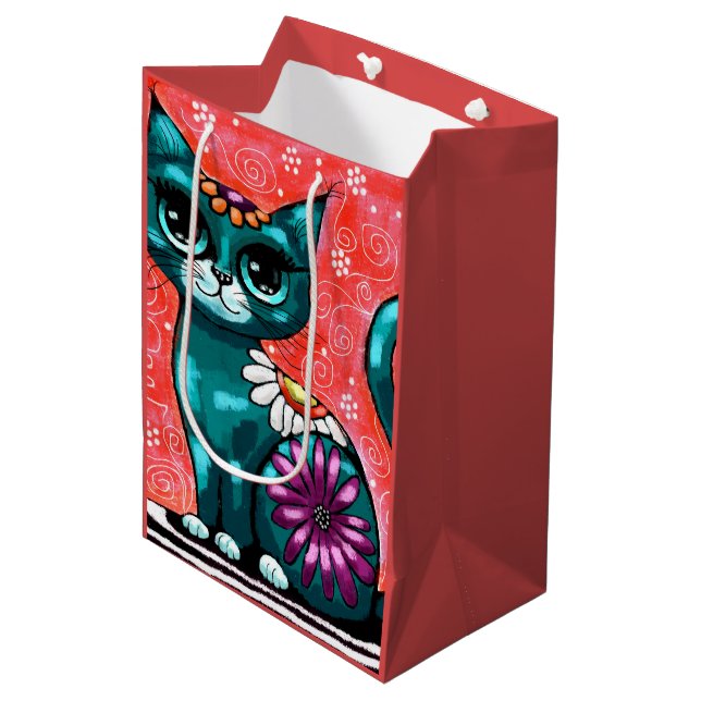Sacola Para Presentes Média Gatinho Whimsso Sentado em Rã Teal Floral (Frente inclinada)