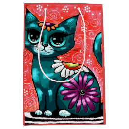 Sacola Para Presentes Média Gatinho Whimsso Sentado em Rã Teal Floral