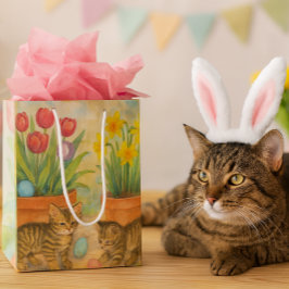 Sacola Para Presentes Média Gatinhos Brincando com Ovos de Páscoa