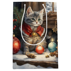 Sacola Para Presentes Média Gato Adorável com Cape Vermelho no Natal