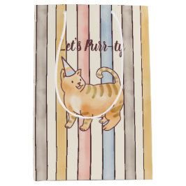 Sacola Para Presentes Média Gato Aquarela Laranja, Listras Rosa, Amarelo, Azul
