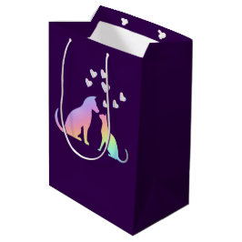 Sacola Para Presentes Média Gato Arco-Íris Fofo e Silhueta de Cachorro Amor Ro