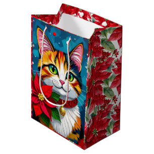 Sacola Para Presentes Média Gato Atigrado Fofo e Poinsettia Natal