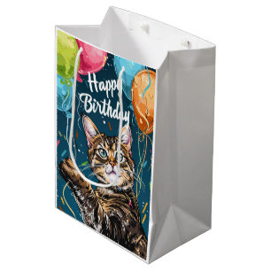 Sacola Para Presentes Média Gato Bengala com Balões