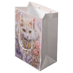 Sacola Para Presentes Média Gato Branco Elegante no Aniversário do Dourado e d