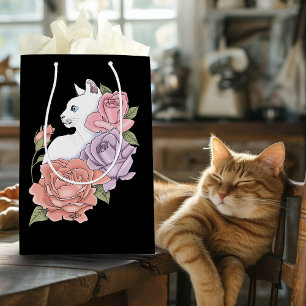 Sacola Para Presentes Média Gato Branco Floral Pastel Botânico Romântico Preto