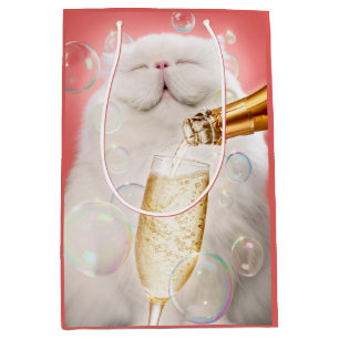 Sacola Para Presentes Média Gato Com Champanhe