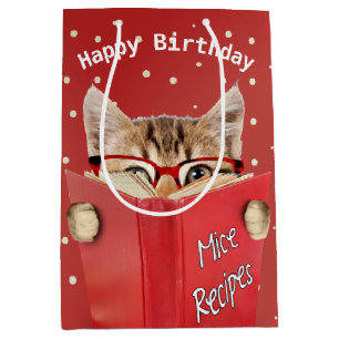 Sacola Para Presentes Média Gato com Óculos e Livro Vermelho Aniversário