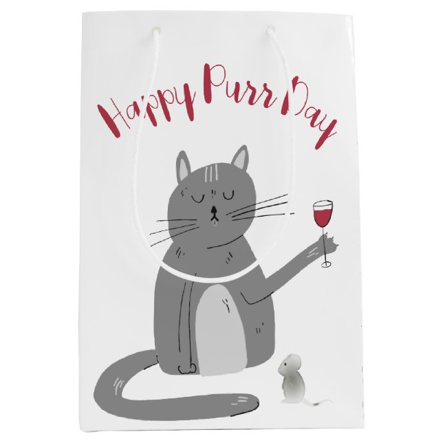 Sacola Para Presentes Média Gato com Vidro de Vinho Aniversário (Frente)