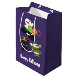 Sacola Para Presentes Média Gato de Halloween, Bat, Mamã e Fantasma