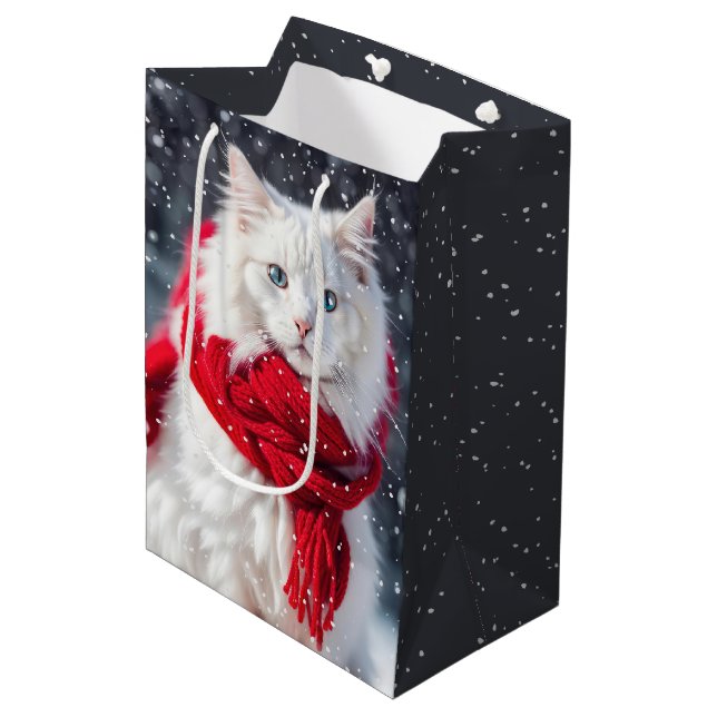 Sacola Para Presentes Média Gato de Natal com Escarf e Flocos de Neve (Frente inclinada)