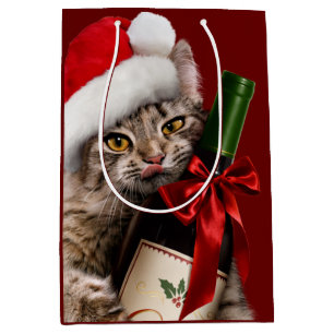 Sacola Para Presentes Média Gato De Natal Com Garrafa De Vinho