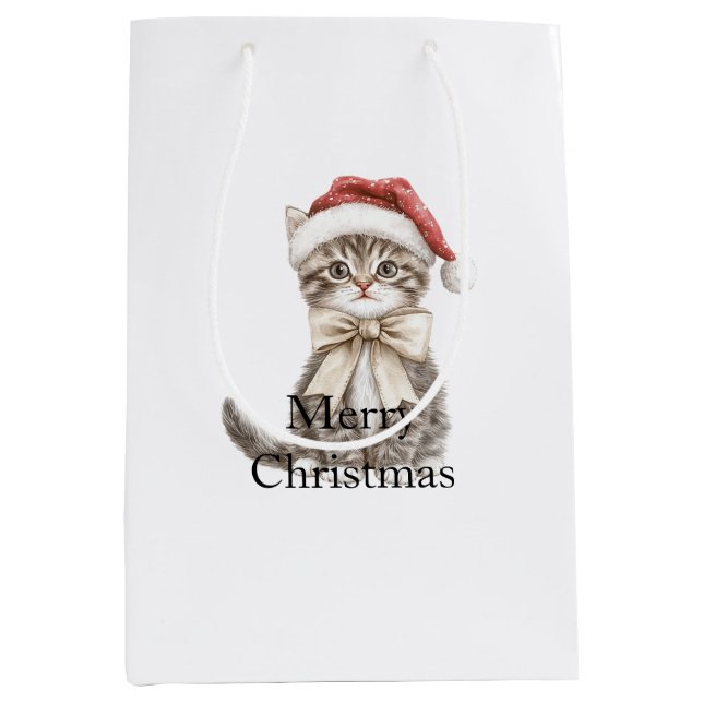 Sacola Para Presentes Média Gato de Natal de chapéu  (Frente)