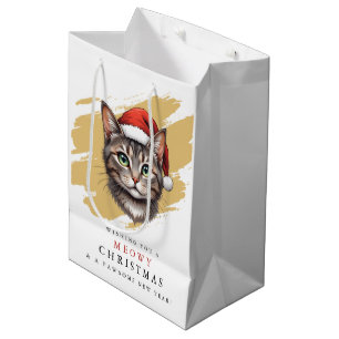 Sacola Para Presentes Média Gato de Natal Fofo Moderno com Chapéu de Papai Noe