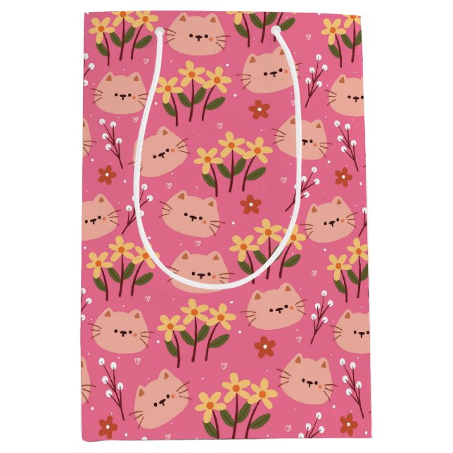 Sacola Para Presentes Média Gato e Flores de Cuta (Frente)