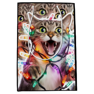 Sacola Para Presentes Média Gato Festivo Saco Presente com Luzes de Férias