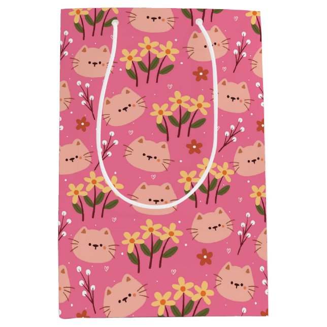 Sacola Para Presentes Média Gato Fofo e Flores (Frente)