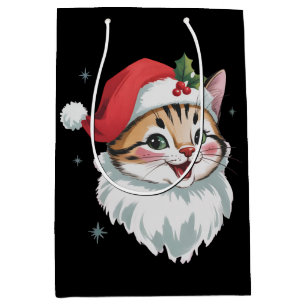 Sacola Para Presentes Média Gato Kitty Fofo Retro de Chapéu de Papai Noel Rosa