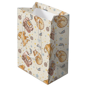 Sacola Para Presentes Média Gato Laranja em uma Mochila, Estrelas e Linha