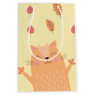 Sacola Para Presentes Média Gato Laranja Fofo Brincando nas Folhas de Outono