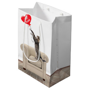 Sacola Para Presentes Média Gato Na Cadeira Com Balão De Coração De Anivers