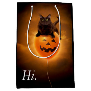 Sacola Para Presentes Média Gato no Balão de Halloween