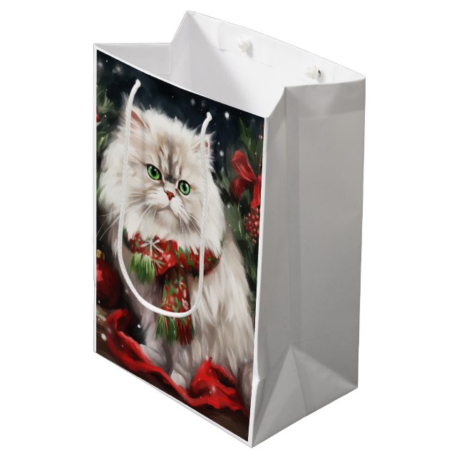 Sacola Para Presentes Média Gato Persa no Natal da Neve (Frente inclinada)