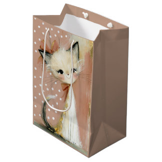 Sacola Para Presentes Média Gato Pintado em Folha de Ouro Rosa Terracota