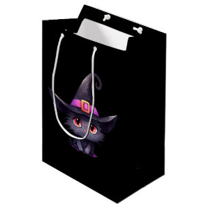 Sacola Para Presentes Média Gato preto bonito Vestindo chapéu de bruxa
