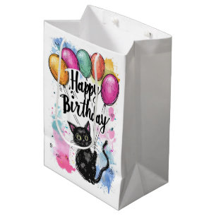 Sacola Para Presentes Média Gato Preto com Balões