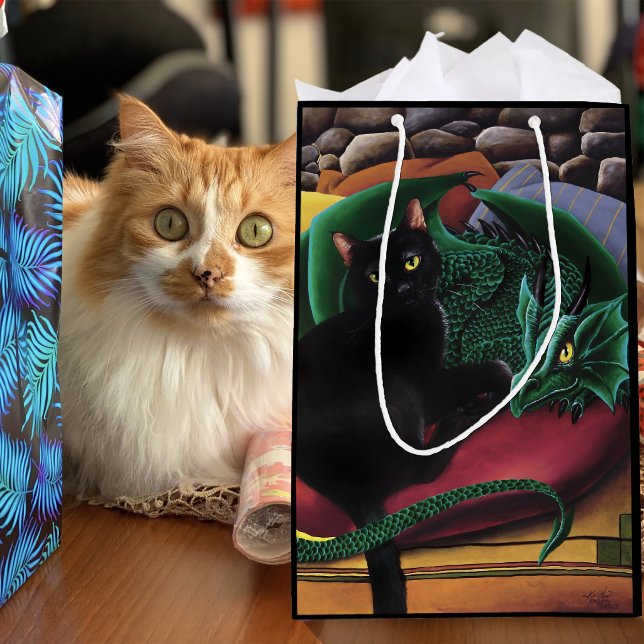 Sacola Para Presentes Média Gato Preto Dragão Verde (Criador carregado)