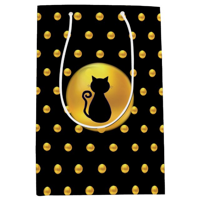 Sacola Para Presentes Média Gato Preto e Bolinhas Douradas (Frente)