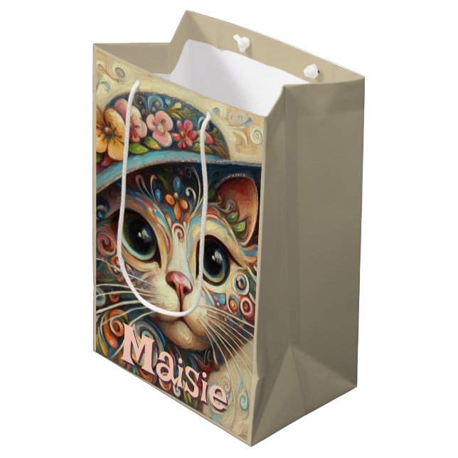 Sacola Para Presentes Média Gato Whimsical com chapéu Floral Personalizado (Frente inclinada)