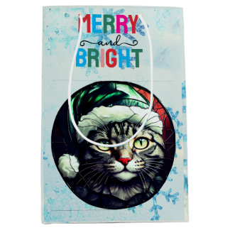 Sacola Para Presentes Média Gato Xadrez Cinza Vidro Pintado Natal em Chapéu Ve