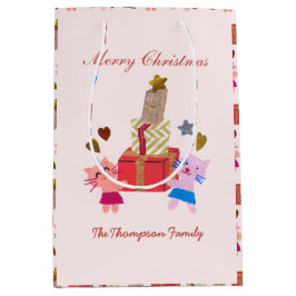 Sacola Para Presentes Média gatos bonitos com o presente bebê rosa no Natal