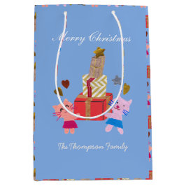 Sacola Para Presentes Média gatos bonitos com o presente Natal azul