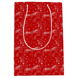 Sacola Para Presentes Média Gatos de Natal de inverno vermelhos, verdes e bran