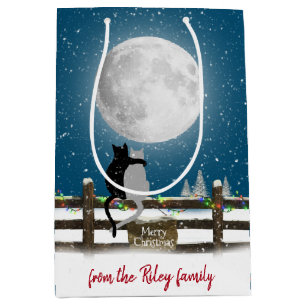 Sacola Para Presentes Média Gatos de Natal no Cerca com Lua